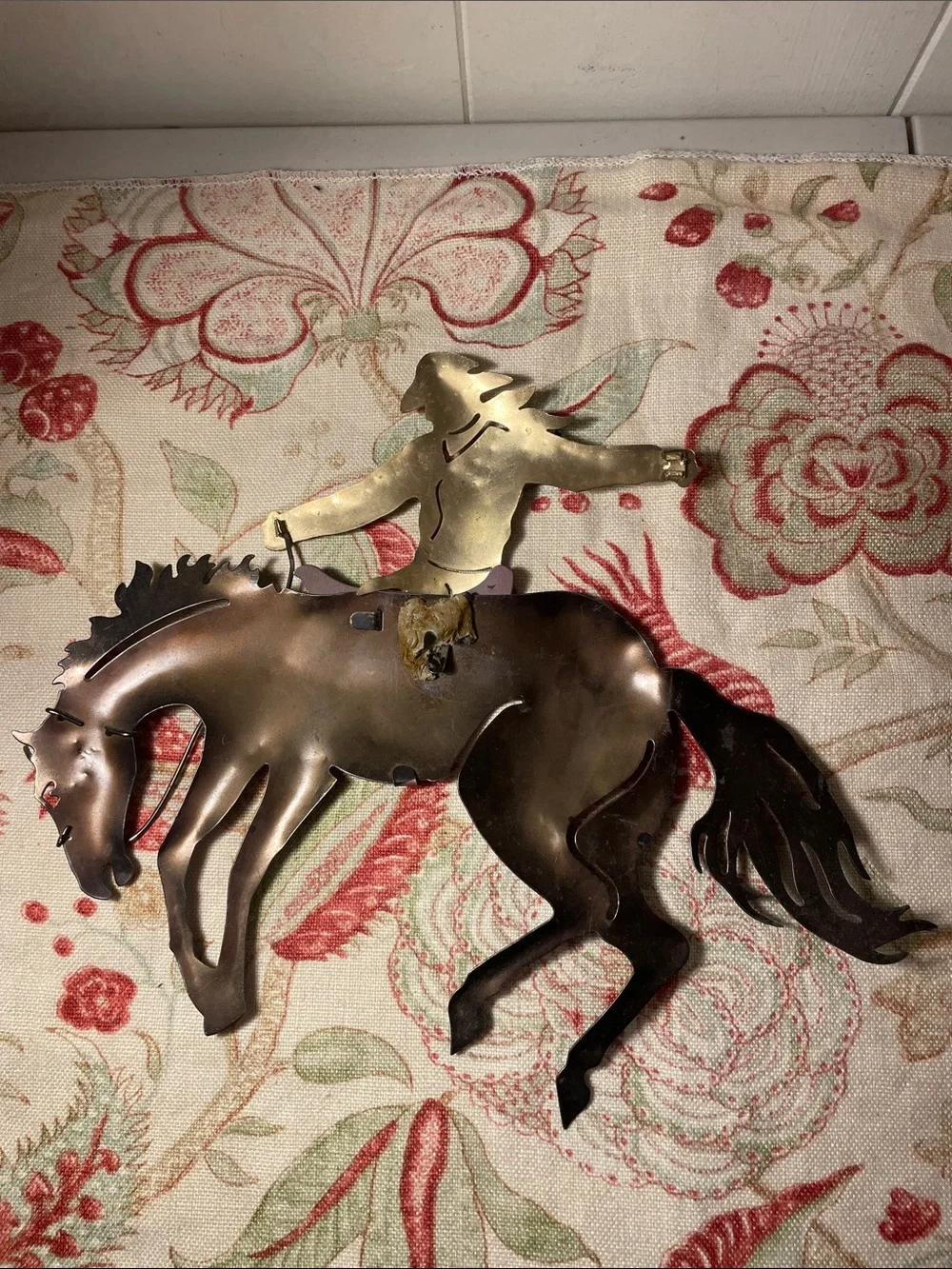 Cowboy on Bucking Horse Wall Art Brass and Dark Brown Western MCM Decor